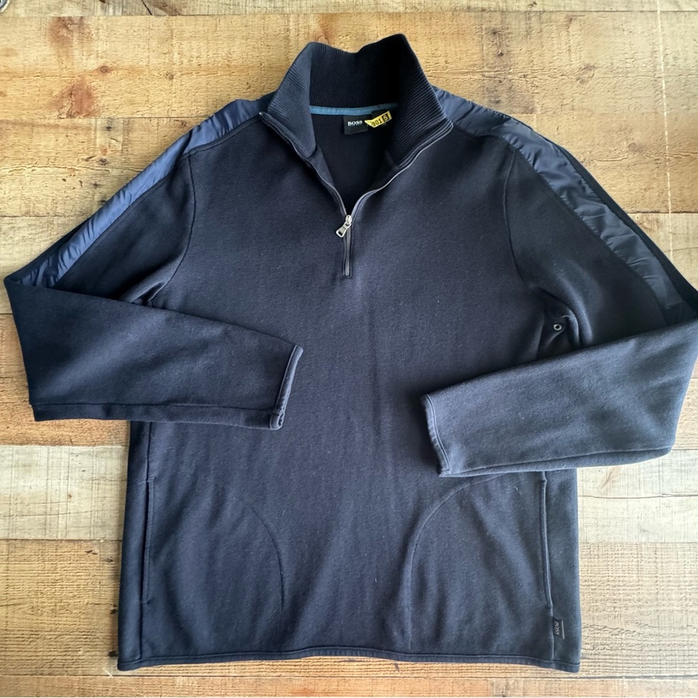 BOSS Hugo Boss 1/4 Zip Pullover Sweater Men XLARGE Black 100% Cotton